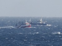 Bateaux de pêche en action dans une mer formée